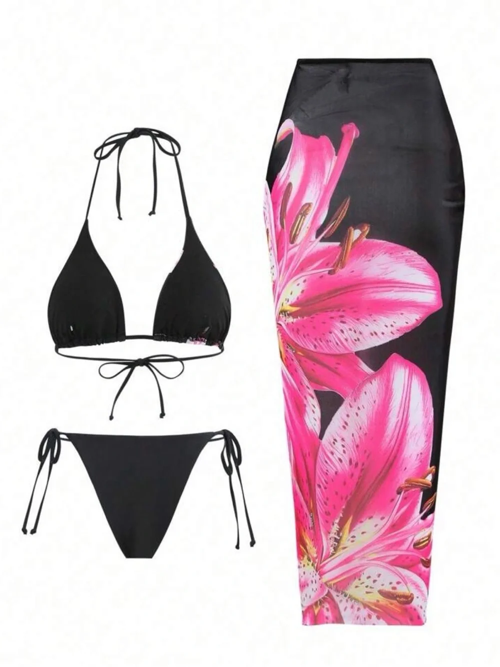 Black & Pink Floral Triangle Bikini Set with Matching Sarong